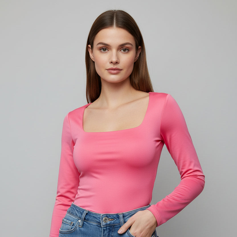 Body Manga Larga Escotado Rosado