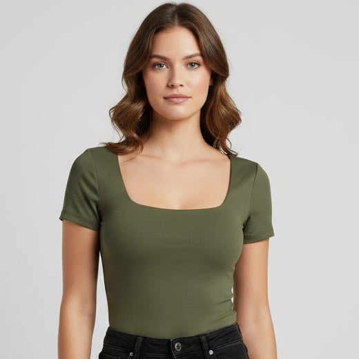 Body Manga Corta Escotado Verde Militar