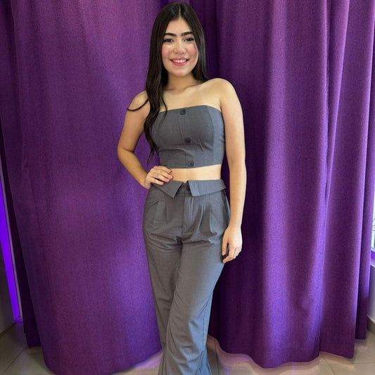 SET GRIS RAYAS TOP STRAPLES