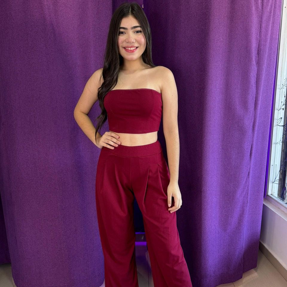 SET VINO TOP STRAPLESS Y PANTALON