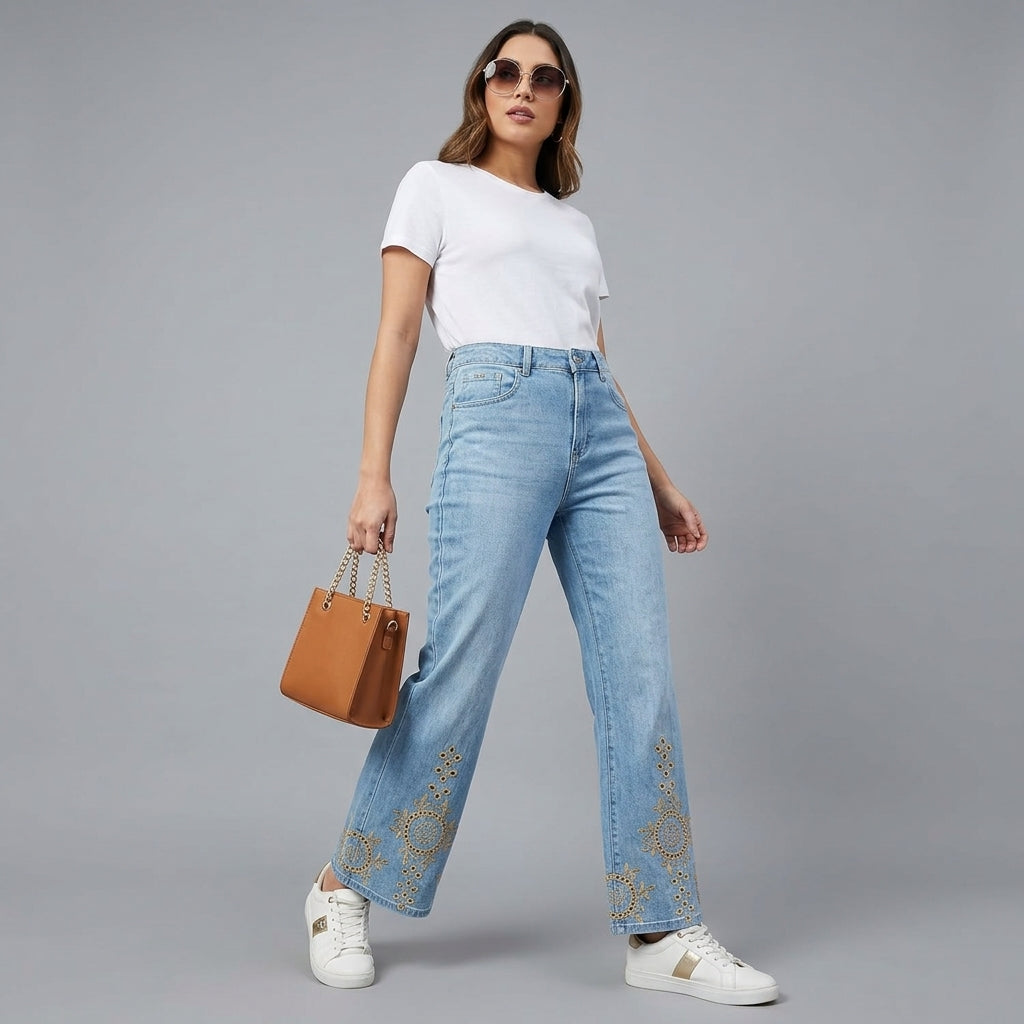 JEAN WIDE LEG BOTA CROCHET ENCAJE