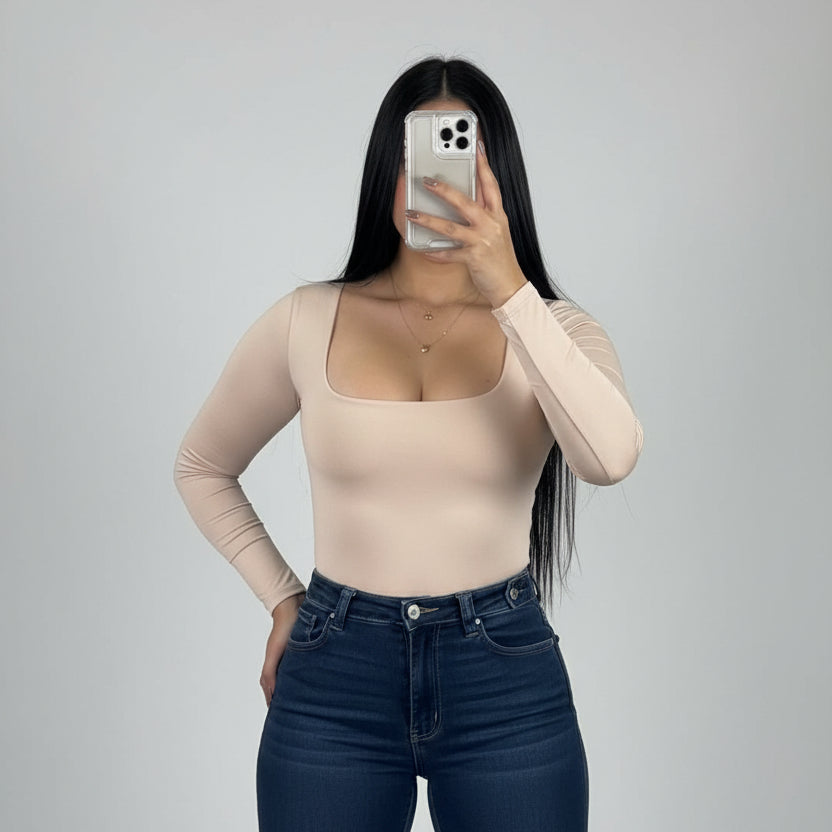 BODY MANGA LARGA ESCOTADO BEIGE