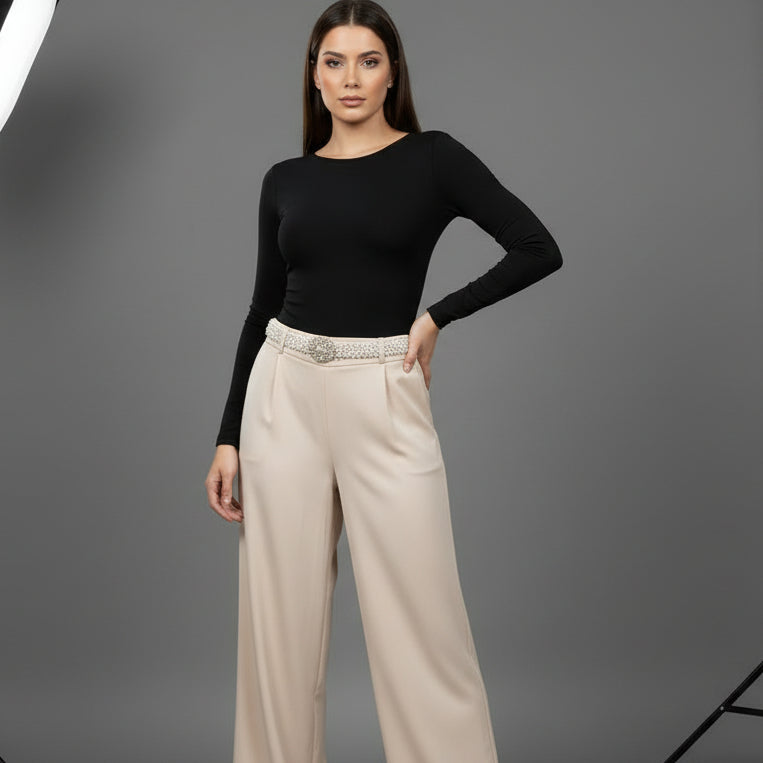 PANTALON TIPO PALAZZO CON CINTURON PERLAS SATEN