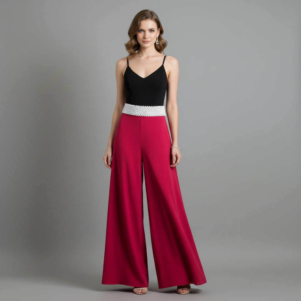 PANTALON TIPO PALAZZO CON CINTURON PERLAS SATEN