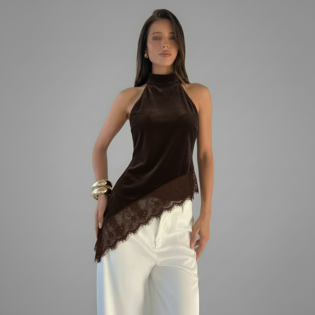 TOP HALTER TERCIPELO ENCAJE ASIMETRICO