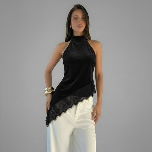 TOP HALTER TERCIPELO ENCAJE ASIMETRICO