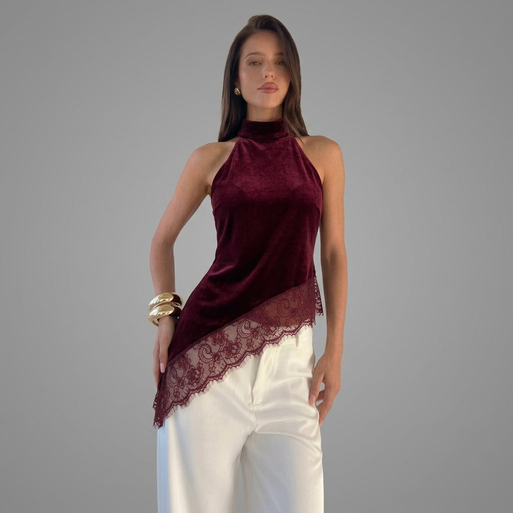 TOP HALTER TERCIPELO ENCAJE ASIMETRICO