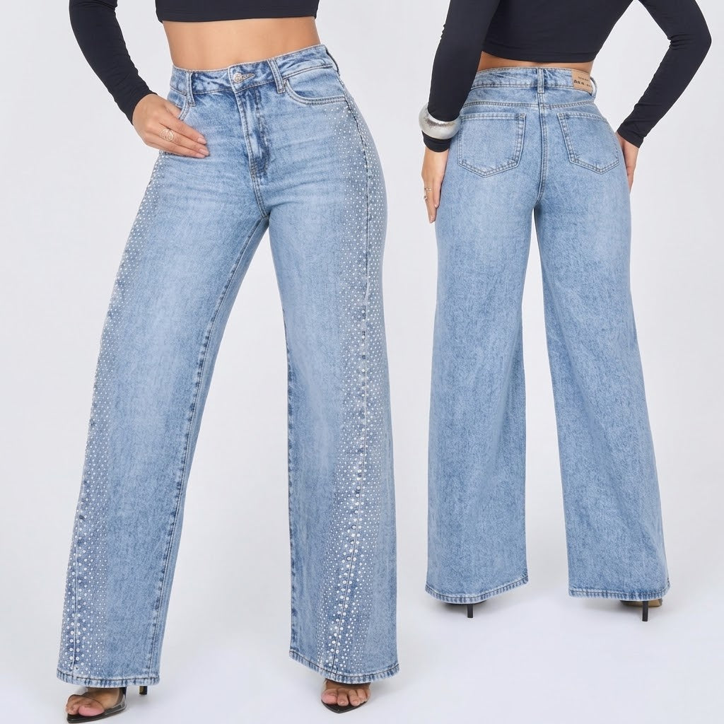 JEANS WIDE LEG DETALLE PIEDRAS