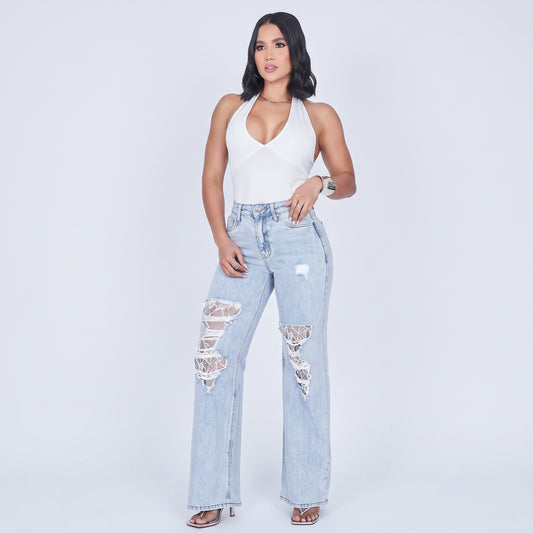 JEAN WIDE LEG ROTO CON ENCAJE