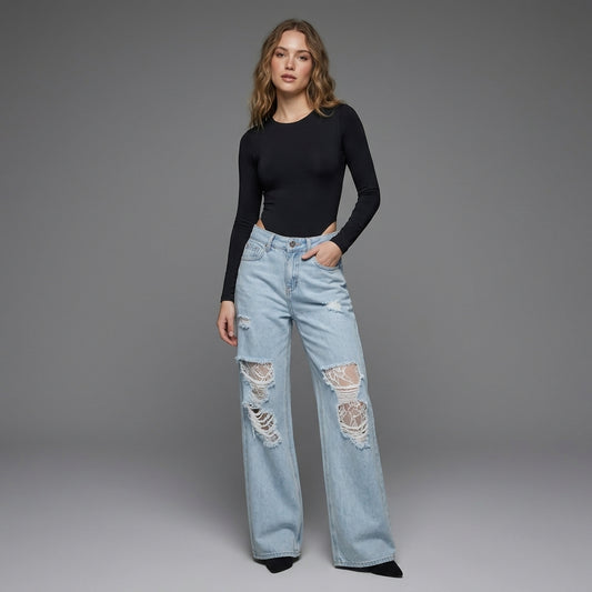 JEAN WIDE LEG ROTO CON ENCAJE