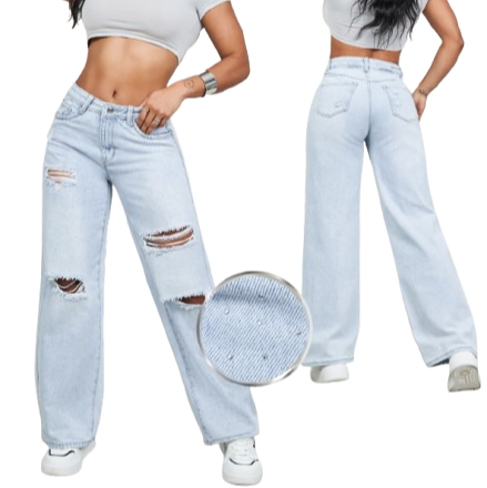JEAN WIDE LEG RECTO ROTO BRILLO