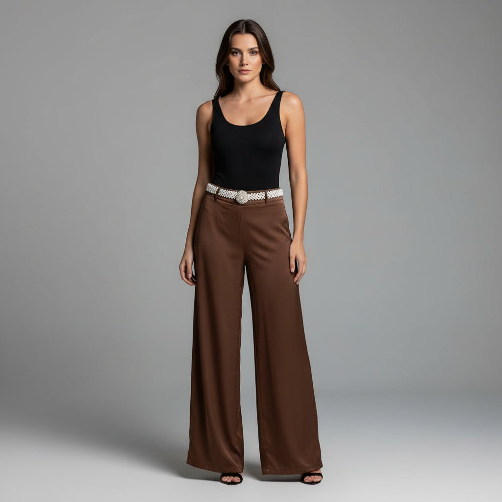 PANTALON TIPO PALAZZO CON CINTURON PERLAS SATEN