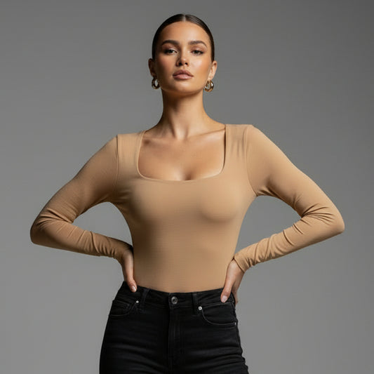 BODY MANGA LARGA CUELLO CUADRADO CARAMELO
