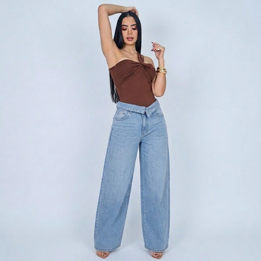 JEANS WIDE LEG PRETINA DOBLADA