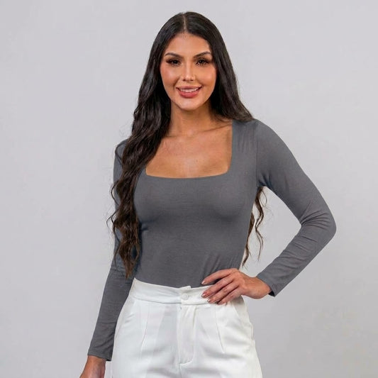 Body Manga Larga Escotado Gris Plomo