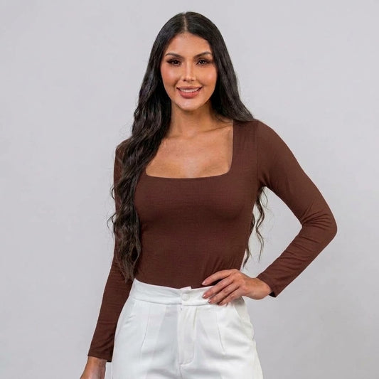 BODY MANGA LARGA ESCOTADO MARRON