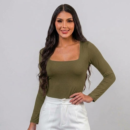 Body Manga Larga Escotado Verde Militar