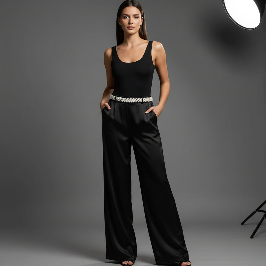 PANTALON TIPO PALAZZO CON CINTURON PERLAS SATEN