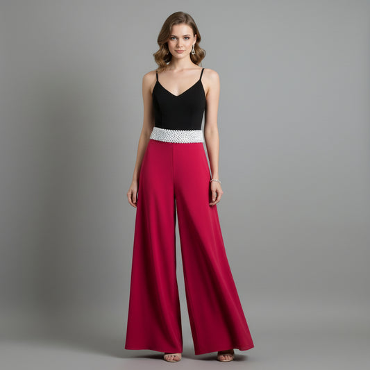 PANTALON TIPO PALAZZO CON CINTURON PERLAS SATEN