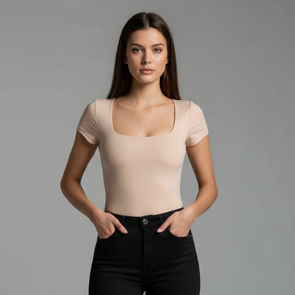 BODY MANGA CORTA ESCOTADO BEIGE