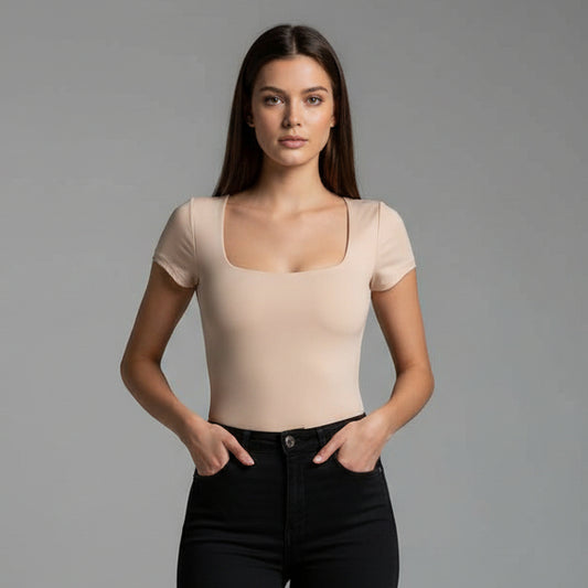 BODY MANGA CORTA ESCOTADO BEIGE
