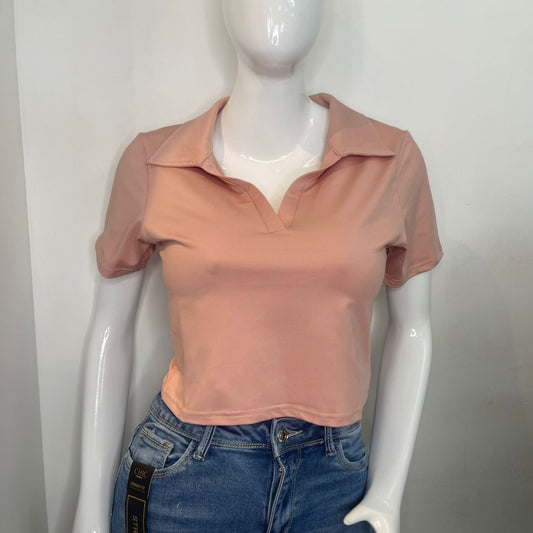 TOP CUELLO POLO V ROSA CORTO