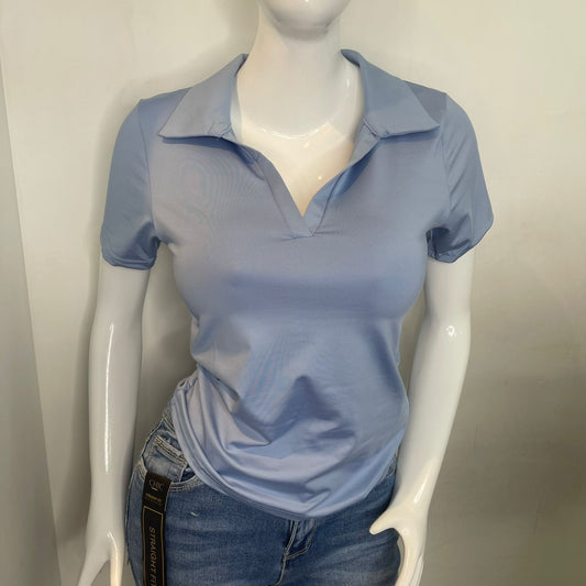 BLUSA CUELLO POLO V CELESTE LARGO